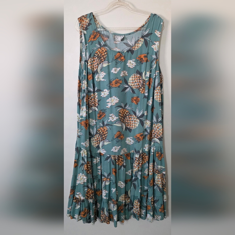 Vintage Jacqueline Studio Dress Tropical Floral Pineapple Coastal Drop Waist  3x